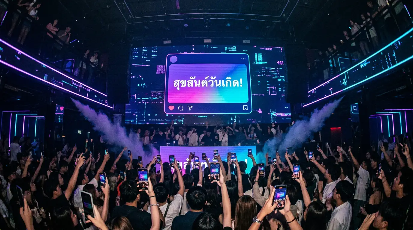 จอ LED ในร้านกลางคืนกำลังโชว์วาร์ปข้อความ 'สุขสันต์วันเกิด!' ขณะลูกค้าเต็มร้านยกมือถือถ่าย